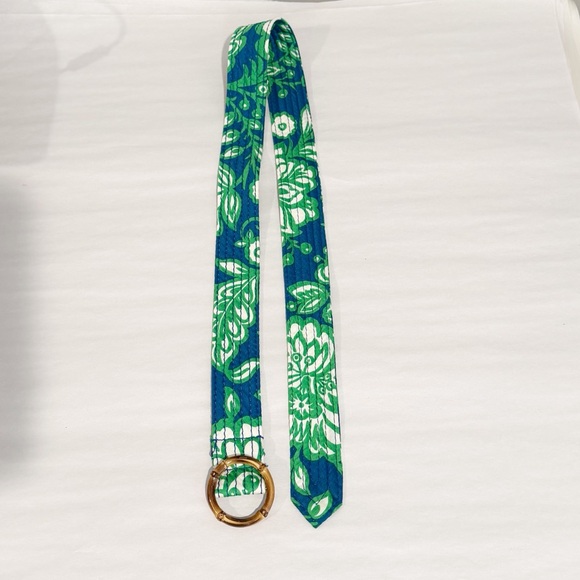 J.CREW Green & Blue Floral Belt Bamboo Buckle Beachy Coastal Size Small/Medium - Picture 3 of 8
